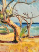F.W. Lamb (Mid-20th Century), Colourful landscape with trees on the beach, oil on canvas, signed,
