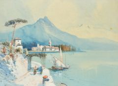 Godwin Bennett (1888-1960) British, Figures and a sailing boat on the edge of a Venetian lake with