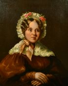19th Century, Portrait of a lady wearing a bonnet with red flowers, oil on canvas 30 x 24