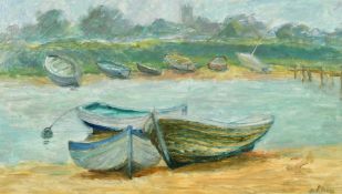 Flavia Blois (1914-1988) beached boats in an estuary, oil on board, signed, 14