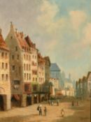 Petitjean (19th Century) French, a pair of oil on panel views of Continental cities, both signed,