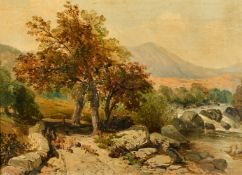 Continental School, A landscape view with trees, a rocky river with figures and dog on a track