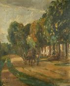 Early 20th Century School, figures and a horse and cart on a country road, oil on board, 12
