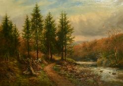 R. H. Jenkins, 19th Century, loggers by a mountain stream, oil on canvas, signed, 26