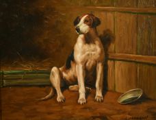 C. Harrison (20th Century), a scene of a dog in a barn interior, oil on panel, 8