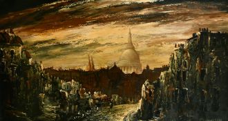 Edward Elliott, 20th Century, bombed street in London with the dome of St. Paul's in the background,