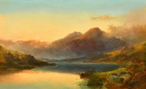 Joseph Horlor (1809-1887) British, a figure in a rowing boat at dusk on a mountain lake, oil on