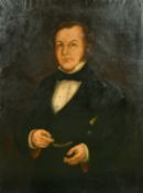 19th Century, three-quarter length portrait of a gentleman wearing a black jacket and bow tie, oil