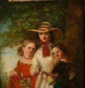 19th Century English School, a study of three sisters, oil on board, 6.25