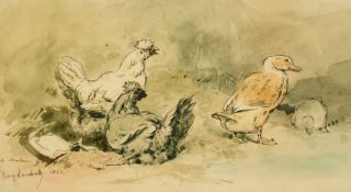 Louis Eugene Lambert (1825-1900) French, a study of chickens and ducks, watercolour and ink,