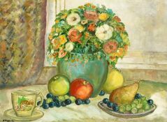 Derek Higginson (1930-2020) British, a still life of flowers and fruit, oil on canvas, signed, 18
