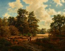 19th Century Continental School, travellers on a country path by woods, oil on canvas, bears