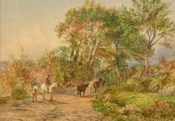 George Hayes (1824-1895) British, a wayfarer and a cattle drover on a country lane, watercolour,