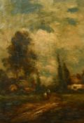 19th Century School, a scene of mounted figure approaching a village by moonlight, oil on canvas,