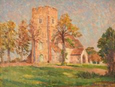 Henry S. Merritt (1884-1963) Buildings down a lane, oil on board 11.5