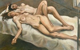 After Lucien Freud, two sleeping nude figures, oil on board, 16.5