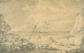 G. Morland, 19th Century, a figure and boat in a coastal landscape, pencil, signed, 11