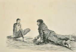 Circle of Jack Butler Yeats, an unfinished ink cartoon study, 'Er ye killed / I am not er you',