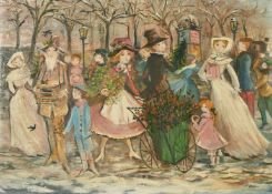 Circle of Emilio Grau Sala, A crowd of figures at Christmas time in a French park, oil on board,