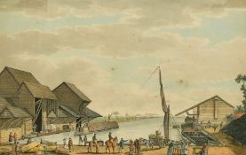 Charles Tomkins (1757-1823) A busy wharf side view with barges and figures, fine pen and ink, signed