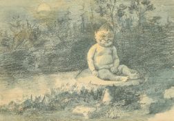 Circle of Richard Doyle, an imp seated on a toadstool by the light of the moon, pencil and wash,