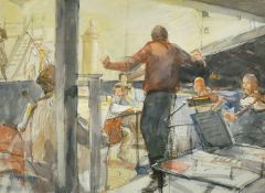 Mary Jackson (b.1936) British, rehearsal in a theatre orchestra pit, watercolour, signed, 9.5