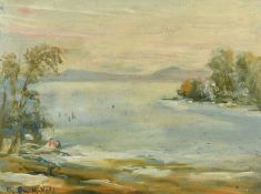 Bjorn Smith Hald (1883-1964) A frozen lake with figures skating, oil on canvas laid on board,