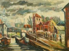 Raymond Besse (1899-1969), Figures and buildings by a French river, oil on canvas, signed, 16.5