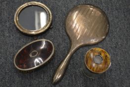 A silver dressing table mirror etc.