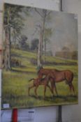 A mare and foal, oil on canvas, unframed.