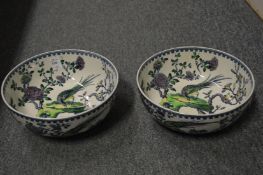 A pair of Copeland late Spode porcelain bowls decorated with birds amongst trees.