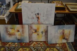 A colourful abstract, oil on canvas, unframed and three similar pictures.