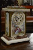 A French painted alabaster and marble mantle clock.