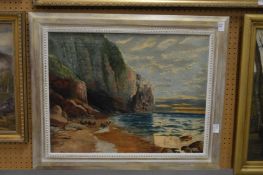 Figures and horses on a rocky coastal landscape, oil on canvas.