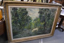 A large oil on canvas depicting a horse in a woodland scene, in a decorative gilt frame.