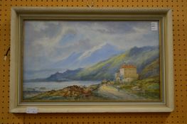 A continental mountainous coastal landscape with figures on a path, watercolour.