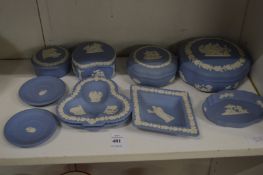 Wedgwood pale blue Jasper ware, boxes and covers etc.