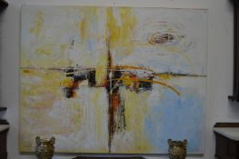 A large colourful abstract, oil on canvas, unframed.
