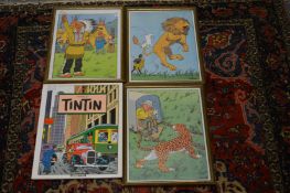Herge, three colour prints of Tintin together with a poster book.