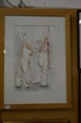 Boxing Hares, ink and watercolour, signed.