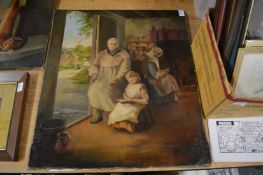 An interior scene with figures, oil on canvas, unframed.