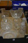 Glassware to include a pair of cut glass decanters.