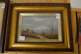 A 19th century oil on canvas depicting a cottage on a moor.