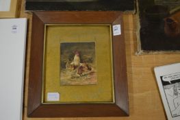 A small watercolour painting of roosters.