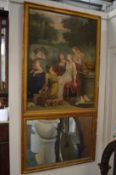 A 19th century French Trumeau mirror, the upper section painted with classical young maidens, oil on