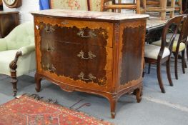 A French style marquetry and marble topped serpentine fronted three drawer commode.