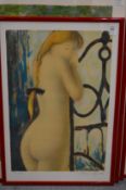 A standing female nude, limited edition colour print, pencil signed.