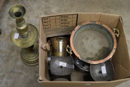 Various copper and brassware to include an old mortar, a brass candlestick, copper dish etc.