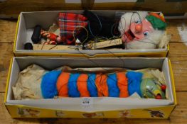 Two Pelham Puppets, Caterpillar and Macboozle, boxed.
