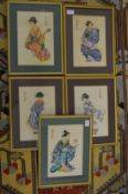 A set of five Japanese pictures of female figures.